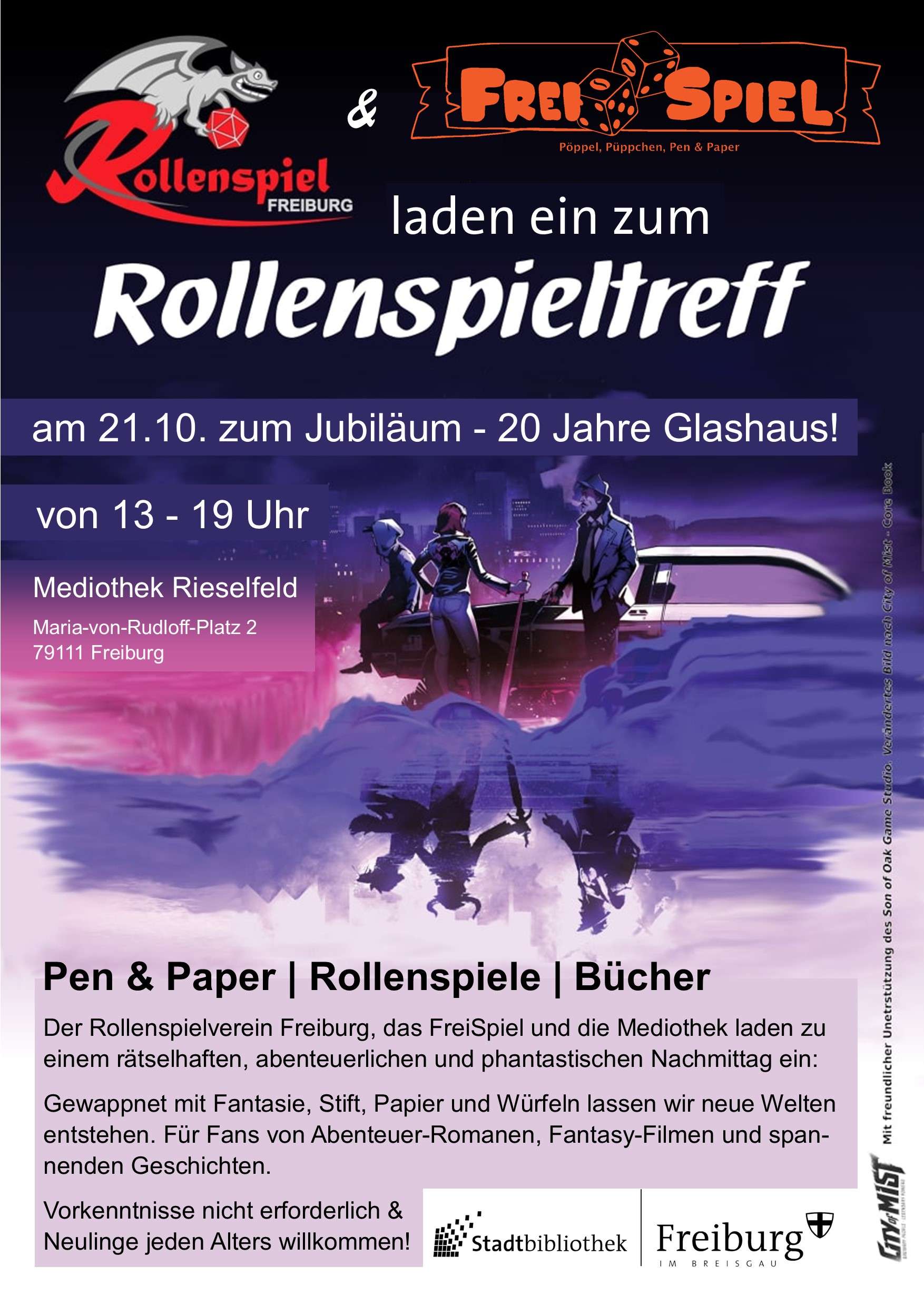 Einladung zum Rollenspieltreff im Oktober 2023 zum 20-jährigen Jubiläum des Glashaus im Rieselfeld.